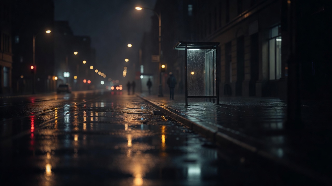 夜色中的城市街道与公交站台，冷色调光影，烘托剧集氛围