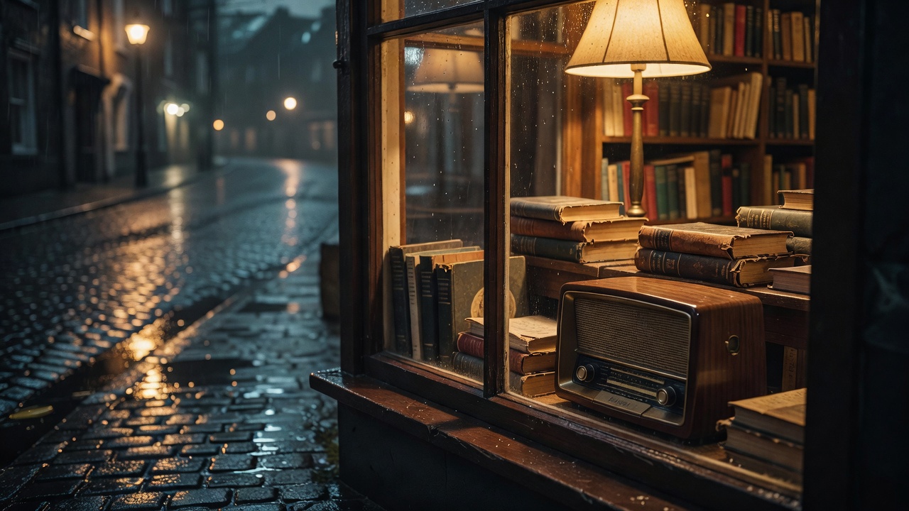 雨夜沿海小城旧书店橱窗前的一摞旧书与暖黄台灯，窗台上放着老式收音机