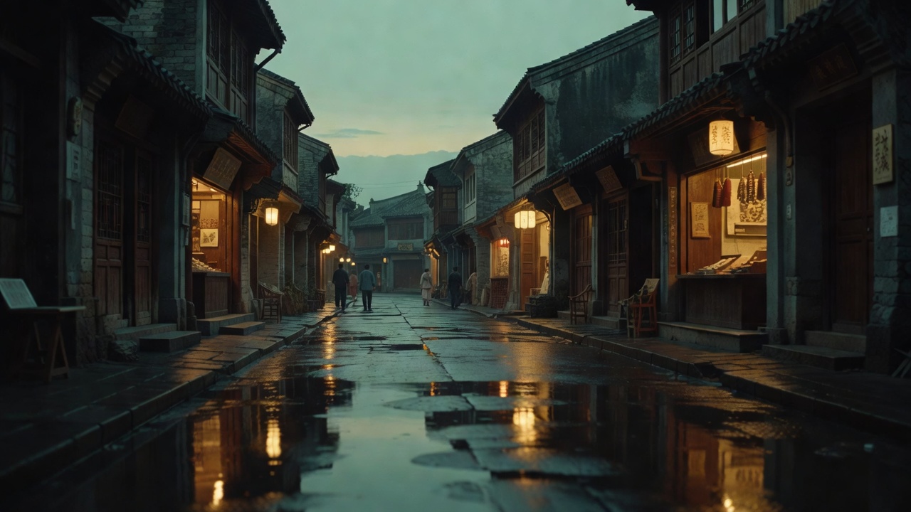 骚碰成人在线剧集画面：傍晚雨后旧城区街道的固定机位长镜头场景